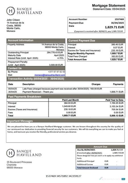 Download Monaco Banque Havilland mortgage statement Word and PDF template Photoshop template